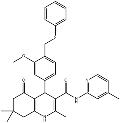 4-{3-methoxy-4-[(phenylsulfanyl)methyl]phenyl}-2,7,7-trimethyl-N-(4-methylpyridin-2-yl)-5-oxo-1,4,5,6,7,8-hexahydroquinoline-3-carboxamide 结构式