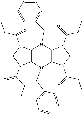 4,10-dibenzyl-2,6,8,12-tetrapropionyl-2,4,6,8,10,12-hexaazatetracyclo[5.5.0.0~3,11~.0~5,9~]dodecane 结构式