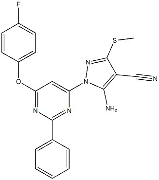 5-amino-1-[6-(4-fluorophenoxy)-2-phenyl-4-pyrimidinyl]-3-(methylsulfanyl)-1H-pyrazole-4-carbonitrile 结构式