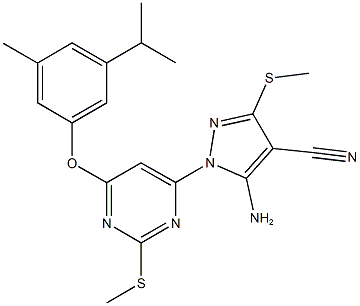 5-amino-1-[6-(3-isopropyl-5-methylphenoxy)-2-(methylsulfanyl)-4-pyrimidinyl]-3-(methylsulfanyl)-1H-pyrazole-4-carbonitrile 结构式