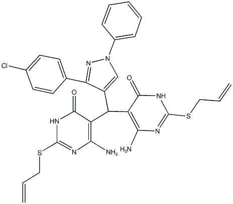 2-(allylsulfanyl)-5-{[2-(allylsulfanyl)-4-amino-6-oxo-1,6-dihydro-5-pyrimidinyl][3-(4-chlorophenyl)-1-phenyl-1H-pyrazol-4-yl]methyl}-6-amino-4(3H)-pyrimidinone 结构式