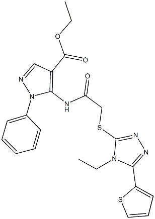 ethyl 5-[({[4-ethyl-5-(2-thienyl)-4H-1,2,4-triazol-3-yl]sulfanyl}acetyl)amino]-1-phenyl-1H-pyrazole-4-carboxylate 结构式