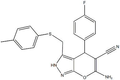 6-amino-4-(4-fluorophenyl)-3-{[(4-methylphenyl)sulfanyl]methyl}-2,4-dihydropyrano[2,3-c]pyrazole-5-carbonitrile 结构式