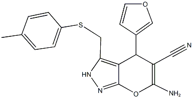 6-amino-4-(3-furyl)-3-{[(4-methylphenyl)sulfanyl]methyl}-2,4-dihydropyrano[2,3-c]pyrazole-5-carbonitrile 结构式