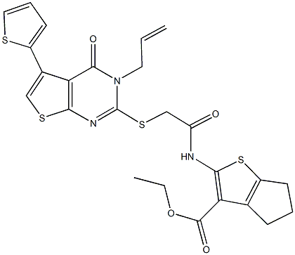 ethyl 2-[({[3-allyl-4-oxo-5-(2-thienyl)-3,4-dihydrothieno[2,3-d]pyrimidin-2-yl]sulfanyl}acetyl)amino]-5,6-dihydro-4H-cyclopenta[b]thiophene-3-carboxylate 结构式