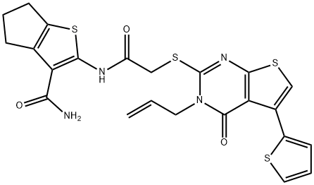 2-[({[3-allyl-4-oxo-5-(2-thienyl)-3,4-dihydrothieno[2,3-d]pyrimidin-2-yl]sulfanyl}acetyl)amino]-5,6-dihydro-4H-cyclopenta[b]thiophene-3-carboxamide 结构式