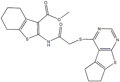 methyl 2-{[(6,7-dihydro-5H-cyclopenta[4,5]thieno[2,3-d]pyrimidin-4-ylsulfanyl)acetyl]amino}-4,5,6,7-tetrahydro-1-benzothiophene-3-carboxylate 结构式