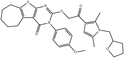 2-({2-[2,5-dimethyl-1-(tetrahydrofuran-2-ylmethyl)-1H-pyrrol-3-yl]-2-oxoethyl}sulfanyl)-3-(4-methoxyphenyl)-3,5,6,7,8,9-hexahydro-4H-cyclohepta[4,5]thieno[2,3-d]pyrimidin-4-one 结构式