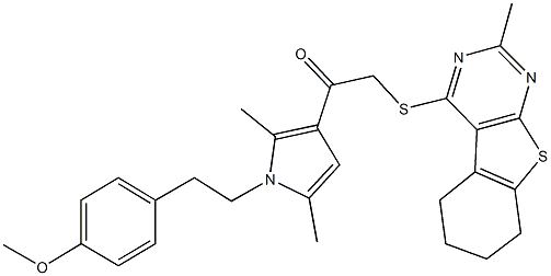 1-{1-[2-(4-methoxyphenyl)ethyl]-2,5-dimethyl-1H-pyrrol-3-yl}-2-[(2-methyl-5,6,7,8-tetrahydro[1]benzothieno[2,3-d]pyrimidin-4-yl)sulfanyl]ethanone 结构式