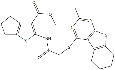 methyl 2-({[(2-methyl-5,6,7,8-tetrahydro[1]benzothieno[2,3-d]pyrimidin-4-yl)sulfanyl]acetyl}amino)-5,6-dihydro-4H-cyclopenta[b]thiophene-3-carboxylate 结构式