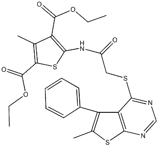 diethyl 3-methyl-5-({[(6-methyl-5-phenylthieno[2,3-d]pyrimidin-4-yl)sulfanyl]acetyl}amino)-2,4-thiophenedicarboxylate 结构式