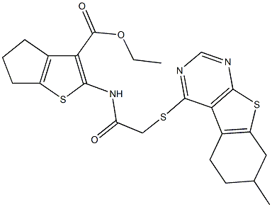ethyl 2-({[(7-methyl-5,6,7,8-tetrahydro[1]benzothieno[2,3-d]pyrimidin-4-yl)sulfanyl]acetyl}amino)-5,6-dihydro-4H-cyclopenta[b]thiophene-3-carboxylate 结构式