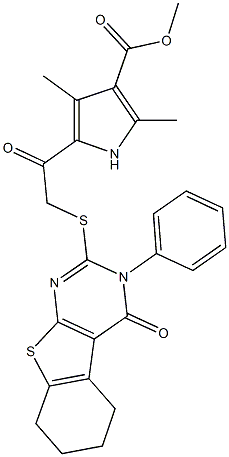 methyl 2,4-dimethyl-5-{[(4-oxo-3-phenyl-3,4,5,6,7,8-hexahydro[1]benzothieno[2,3-d]pyrimidin-2-yl)sulfanyl]acetyl}-1H-pyrrole-3-carboxylate 结构式