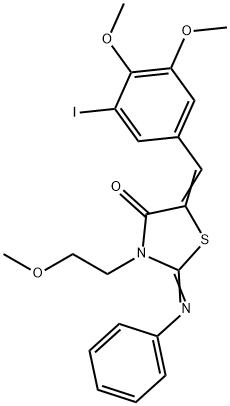 5-(3-iodo-4,5-dimethoxybenzylidene)-3-(2-methoxyethyl)-2-(phenylimino)-1,3-thiazolidin-4-one 结构式