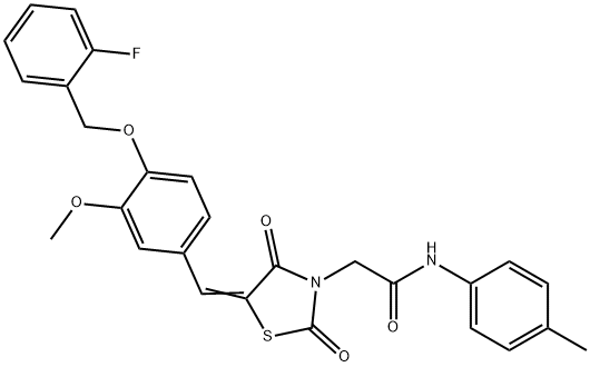 2-(5-{4-[(2-fluorobenzyl)oxy]-3-methoxybenzylidene}-2,4-dioxo-1,3-thiazolidin-3-yl)-N-(4-methylphenyl)acetamide 结构式