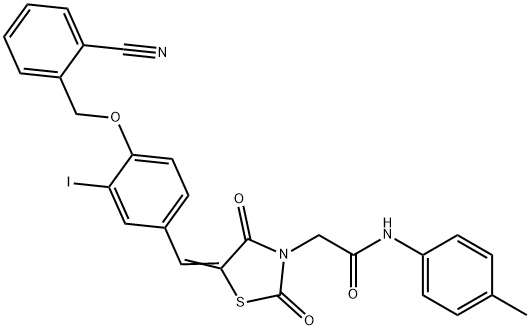 2-(5-{4-[(2-cyanobenzyl)oxy]-3-iodobenzylidene}-2,4-dioxo-1,3-thiazolidin-3-yl)-N-(4-methylphenyl)acetamide 结构式