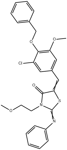 5-[4-(benzyloxy)-3-chloro-5-methoxybenzylidene]-3-(2-methoxyethyl)-2-(phenylimino)-1,3-thiazolidin-4-one 结构式