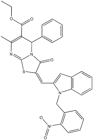 ethyl 2-[(1-{2-nitrobenzyl}-1H-indol-2-yl)methylene]-7-methyl-3-oxo-5-phenyl-2,3-dihydro-5H-[1,3]thiazolo[3,2-a]pyrimidine-6-carboxylate 结构式