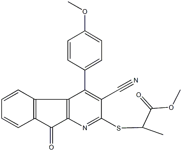 methyl 2-{[3-cyano-4-(4-methoxyphenyl)-9-oxo-9H-indeno[2,1-b]pyridin-2-yl]sulfanyl}propanoate 结构式
