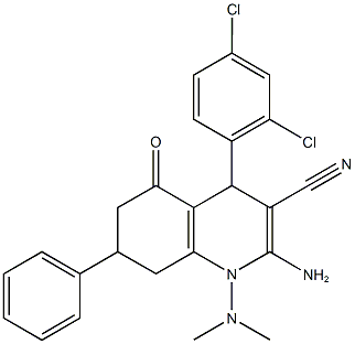 2-amino-4-(2,4-dichlorophenyl)-1-(dimethylamino)-5-oxo-7-phenyl-1,4,5,6,7,8-hexahydro-3-quinolinecarbonitrile 结构式