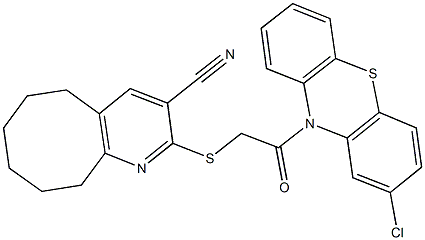 2-{[2-(2-chloro-10H-phenothiazin-10-yl)-2-oxoethyl]sulfanyl}-5,6,7,8,9,10-hexahydrocycloocta[b]pyridine-3-carbonitrile 结构式