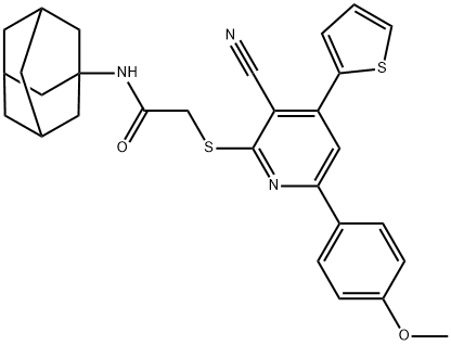N-(1-adamantyl)-2-{[3-cyano-6-(4-methoxyphenyl)-4-thien-2-ylpyridin-2-yl]sulfanyl}acetamide 结构式
