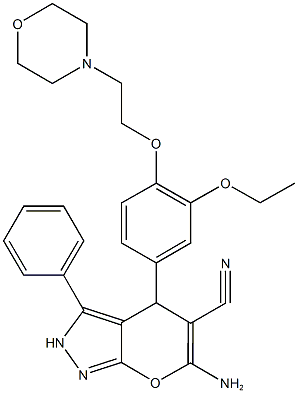 6-amino-4-[3-ethoxy-4-(2-morpholin-4-ylethoxy)phenyl]-3-phenyl-2,4-dihydropyrano[2,3-c]pyrazole-5-carbonitrile 结构式