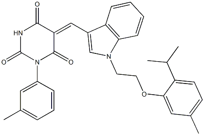 5-({1-[2-(2-isopropyl-5-methylphenoxy)ethyl]-1H-indol-3-yl}methylene)-1-(3-methylphenyl)-2,4,6(1H,3H,5H)-pyrimidinetrione 结构式