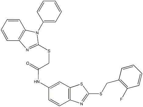 N-{2-[(2-fluorobenzyl)sulfanyl]-1,3-benzothiazol-6-yl}-2-[(1-phenyl-1H-benzimidazol-2-yl)sulfanyl]acetamide 结构式