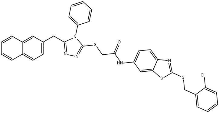 N-{2-[(2-chlorobenzyl)thio]-1,3-benzothiazol-6-yl}-2-{[5-(2-naphthylmethyl)-4-phenyl-4H-1,2,4-triazol-3-yl]thio}acetamide 结构式