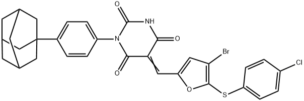 1-[4-(1-adamantyl)phenyl]-5-({4-bromo-5-[(4-chlorophenyl)sulfanyl]-2-furyl}methylene)-2,4,6(1H,3H,5H)-pyrimidinetrione 结构式