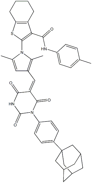 2-{3-[(1-[4-(1-adamantyl)phenyl]-2,4,6-trioxotetrahydro-5(2H)-pyrimidinylidene)methyl]-2,5-dimethyl-1H-pyrrol-1-yl}-N-(4-methylphenyl)-4,5,6,7-tetrahydro-1-benzothiophene-3-carboxamide 结构式