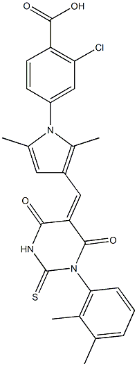 2-chloro-4-{3-[(1-(2,3-dimethylphenyl)-4,6-dioxo-2-thioxotetrahydro-5(2H)-pyrimidinylidene)methyl]-2,5-dimethyl-1H-pyrrol-1-yl}benzoic acid 结构式