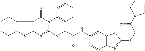 N-(2-{[2-(diethylamino)-2-oxoethyl]sulfanyl}-1,3-benzothiazol-6-yl)-2-[(4-oxo-3-phenyl-3,4,5,6,7,8-hexahydro[1]benzothieno[2,3-d]pyrimidin-2-yl)sulfanyl]acetamide 结构式