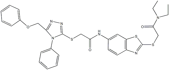 N-(2-{[2-(diethylamino)-2-oxoethyl]sulfanyl}-1,3-benzothiazol-6-yl)-2-{[5-(phenoxymethyl)-4-phenyl-4H-1,2,4-triazol-3-yl]sulfanyl}acetamide 结构式