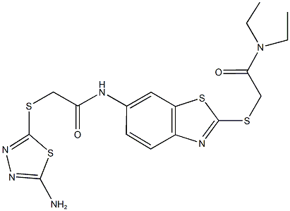 2-[(5-amino-1,3,4-thiadiazol-2-yl)sulfanyl]-N-(2-{[2-(diethylamino)-2-oxoethyl]sulfanyl}-1,3-benzothiazol-6-yl)acetamide 结构式