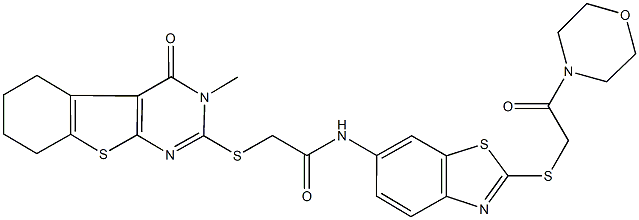 2-[(3-methyl-4-oxo-3,4,5,6,7,8-hexahydro[1]benzothieno[2,3-d]pyrimidin-2-yl)sulfanyl]-N-{2-[(2-morpholin-4-yl-2-oxoethyl)sulfanyl]-1,3-benzothiazol-6-yl}acetamide 结构式