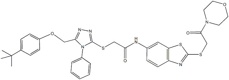 2-({5-[(4-tert-butylphenoxy)methyl]-4-phenyl-4H-1,2,4-triazol-3-yl}sulfanyl)-N-{2-[(2-morpholin-4-yl-2-oxoethyl)sulfanyl]-1,3-benzothiazol-6-yl}acetamide 结构式