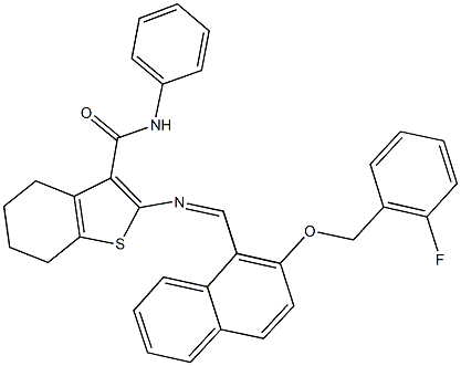 2-[({2-[(2-fluorobenzyl)oxy]-1-naphthyl}methylene)amino]-N-phenyl-4,5,6,7-tetrahydro-1-benzothiophene-3-carboxamide 结构式