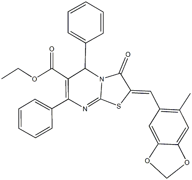 ethyl 2-[(6-methyl-1,3-benzodioxol-5-yl)methylene]-3-oxo-5,7-diphenyl-2,3-dihydro-5H-[1,3]thiazolo[3,2-a]pyrimidine-6-carboxylate 结构式