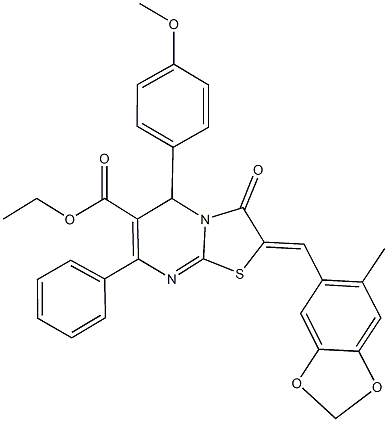 ethyl 5-(4-methoxyphenyl)-2-[(6-methyl-1,3-benzodioxol-5-yl)methylene]-3-oxo-7-phenyl-2,3-dihydro-5H-[1,3]thiazolo[3,2-a]pyrimidine-6-carboxylate 结构式