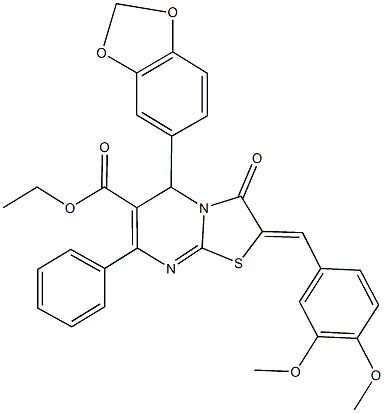 ethyl 5-(1,3-benzodioxol-5-yl)-2-(3,4-dimethoxybenzylidene)-3-oxo-7-phenyl-2,3-dihydro-5H-[1,3]thiazolo[3,2-a]pyrimidine-6-carboxylate 结构式