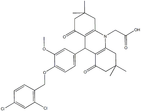 (9-{4-[(2,4-dichlorobenzyl)oxy]-3-methoxyphenyl}-3,3,6,6-tetramethyl-1,8-dioxo-2,3,4,5,6,7,8,9-octahydro-10(1H)-acridinyl)acetic acid 结构式