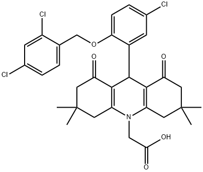 (9-{5-chloro-2-[(2,4-dichlorobenzyl)oxy]phenyl}-3,3,6,6-tetramethyl-1,8-dioxo-2,3,4,5,6,7,8,9-octahydro-10(1H)-acridinyl)acetic acid 结构式