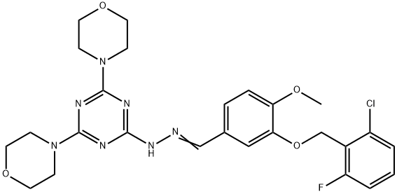 3-[(2-chloro-6-fluorobenzyl)oxy]-4-methoxybenzaldehyde [4,6-di(4-morpholinyl)-1,3,5-triazin-2-yl]hydrazone 结构式