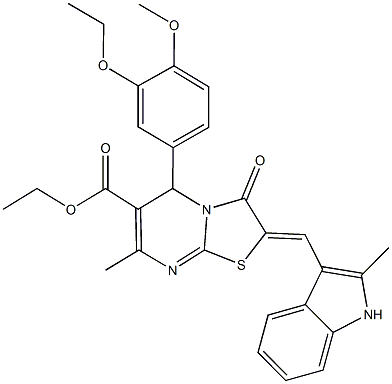 ethyl 5-(3-ethoxy-4-methoxyphenyl)-7-methyl-2-[(2-methyl-1H-indol-3-yl)methylene]-3-oxo-2,3-dihydro-5H-[1,3]thiazolo[3,2-a]pyrimidine-6-carboxylate 结构式