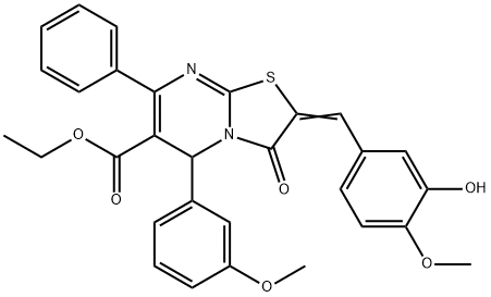 ethyl 2-(3-hydroxy-4-methoxybenzylidene)-5-(3-methoxyphenyl)-3-oxo-7-phenyl-2,3-dihydro-5H-[1,3]thiazolo[3,2-a]pyrimidine-6-carboxylate 结构式