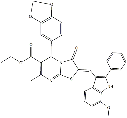 ethyl 5-(1,3-benzodioxol-5-yl)-2-[(7-methoxy-2-phenyl-1H-indol-3-yl)methylene]-7-methyl-3-oxo-2,3-dihydro-5H-[1,3]thiazolo[3,2-a]pyrimidine-6-carboxylate 结构式