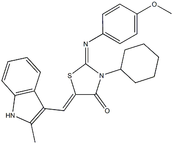 3-cyclohexyl-2-[(4-methoxyphenyl)imino]-5-[(2-methyl-1H-indol-3-yl)methylene]-1,3-thiazolidin-4-one 结构式