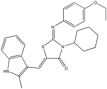 3-cyclohexyl-2-[(4-ethoxyphenyl)imino]-5-[(2-methyl-1H-indol-3-yl)methylene]-1,3-thiazolidin-4-one 结构式